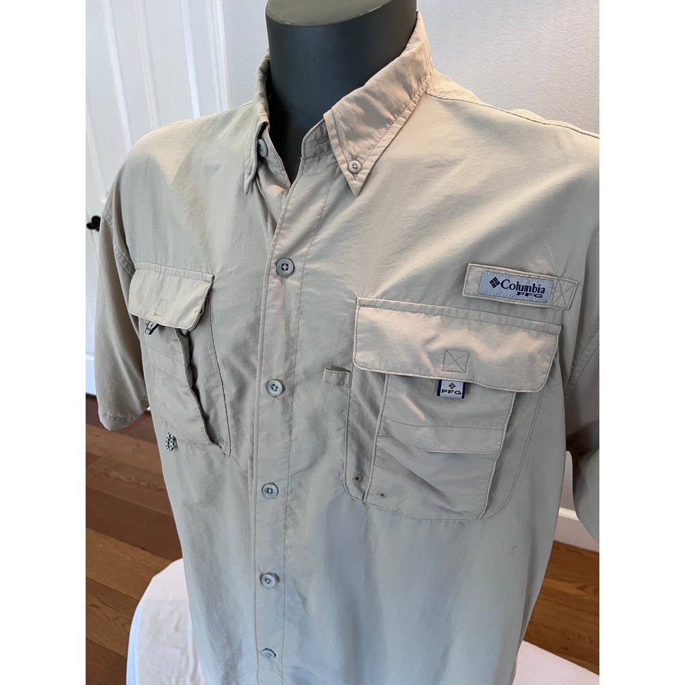 Columbia PFG Omni-Shade Fishing Shirt Mens L Tan Khaki Vented Utility Outdoor